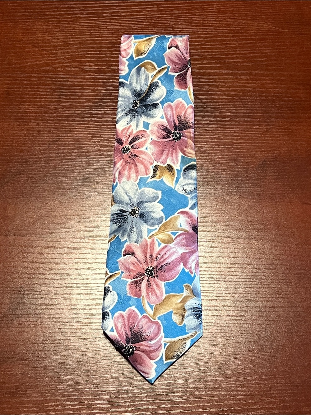 Guy Laroche Blue Silk Floral Tie with Pink, Gray & Gold Accents